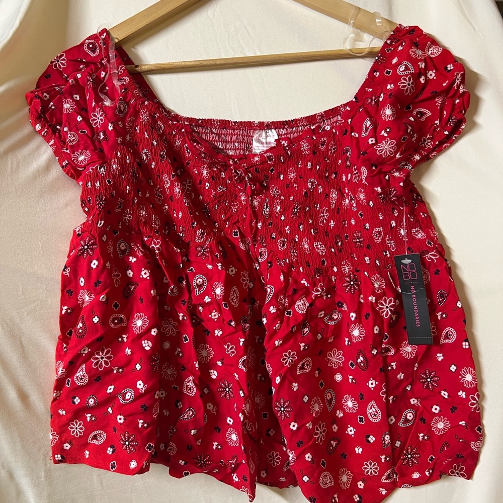 NOBO Red and White Puff Sleeve Smocked Blouse